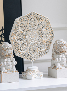 新中式古风仿石雕狮子摆件一对办公室电视柜N侘寂风装饰醒狮工艺