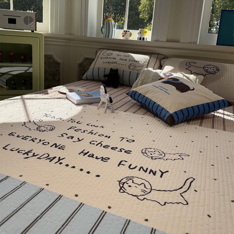 卡通凉感果冻凉席条纹波点小猫床笠夏凉F席空调席1.5m1.8米三件套