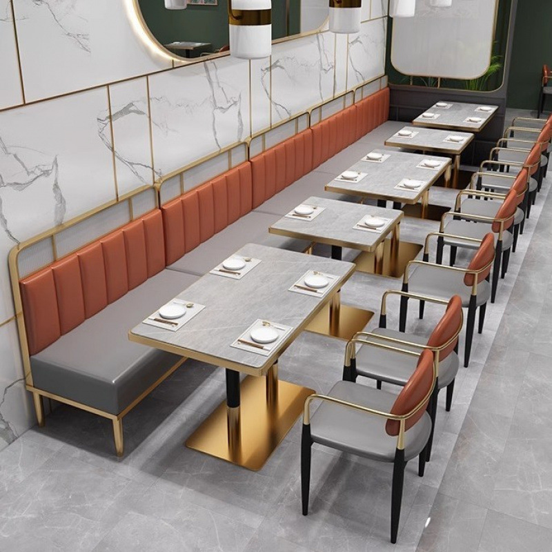 轻奢不锈钢餐厅卡座沙发奶茶店咖啡厅桌椅成套餐桌椅岩板桌子卡座