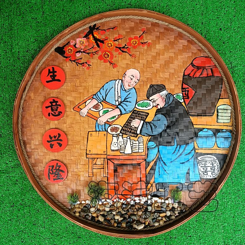 饰手绘复古饭店墙面装饰画怀旧馆墙壁挂挂件簸箕画农庄竹编圆形餐图片