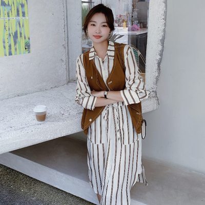 不规则春秋裙气质收腰马甲两件套条纹连衣裙别致独特新款衬衫2024
