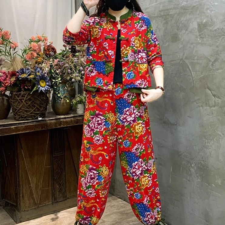 东北哈伦裤套装女装复古盘扣上衣两件套舞蹈演出服大花民族风时尚