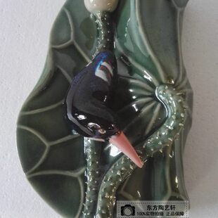 荷叶花插 挂壁 陶瓷工艺品摆件 石湾公仔 家居饰品 翠鸟荷花