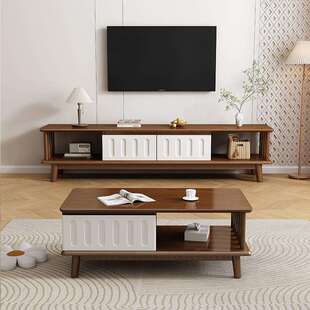 北欧实木茶几电视柜组合现代简约小户型客厅1米8橡胶木储物电视柜