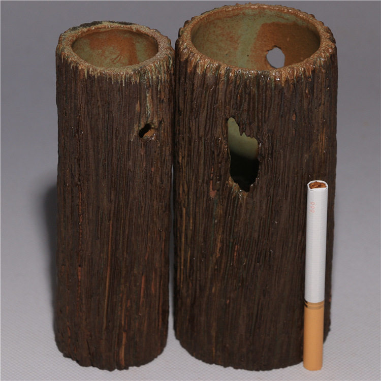 龙砂陶自产自销宜兴紫砂粗陶朽木花器矮圆仿树桩花插一套直销