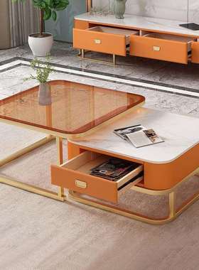 橙色茶几轻奢岩板钢化玻璃亮光客厅家用小户型现代简约方形组合