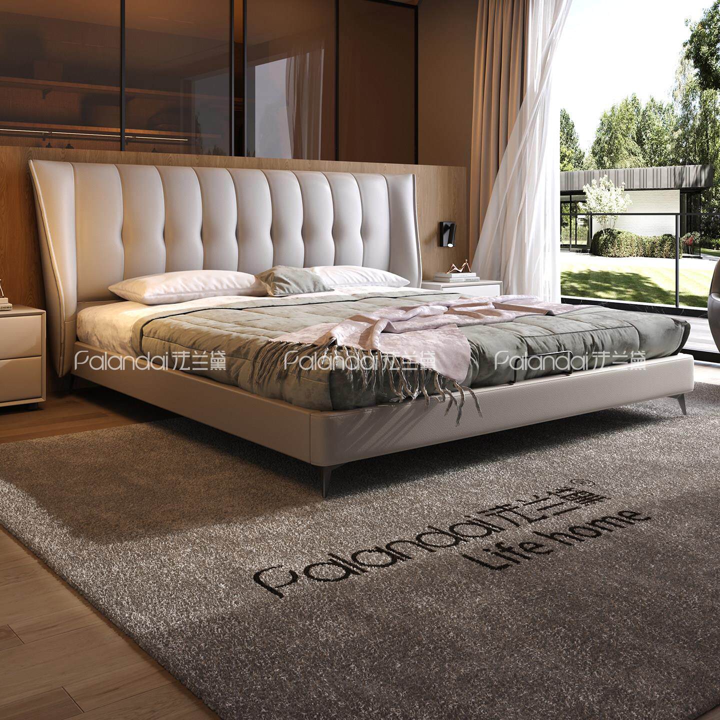 意式极简真皮床现代简约轻奢风实木软包床齐边高脚款主卧双人大床