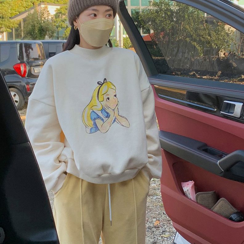 半高领休闲卫衣女秋冬卡通韩版新款加绒白色上衣宽松套头减龄长袖