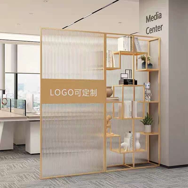 公司前台logo铁艺玻璃隔断展示架办公室隔断屏风展厅形象墙置物架