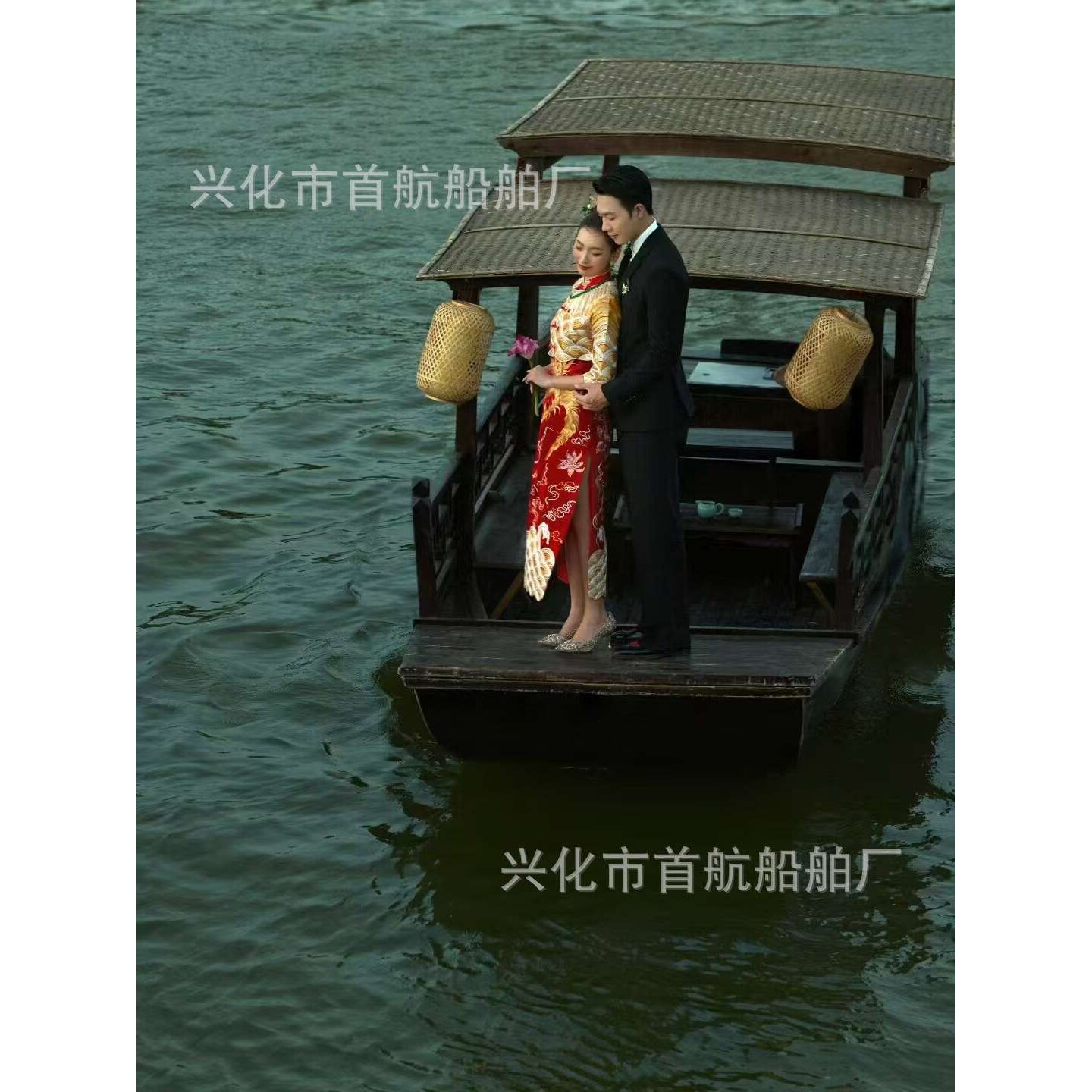 景区手划摇橹餐饮表演观光旅游实木婚礼乌篷船高低木船景区专用