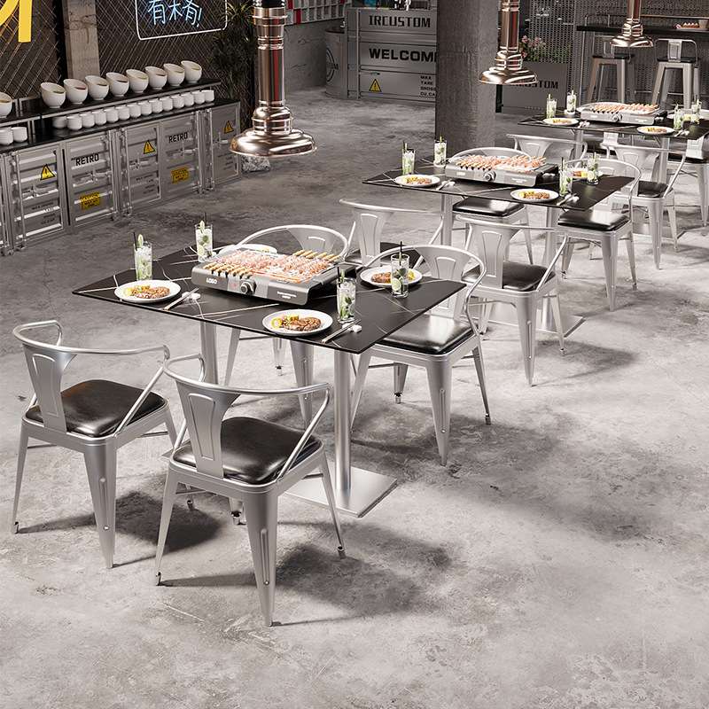 银色奶茶店桌椅组合工业风餐桌椅复古咖啡厅酒吧桌椅卡座沙发组合