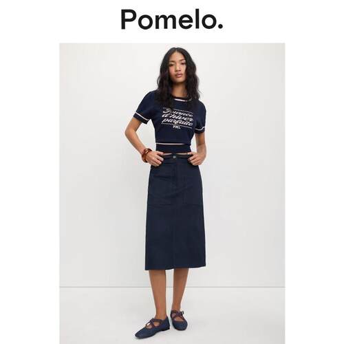 Pomelo 美式休闲风针织短袖女条纹装饰字母印花显瘦短袖T恤