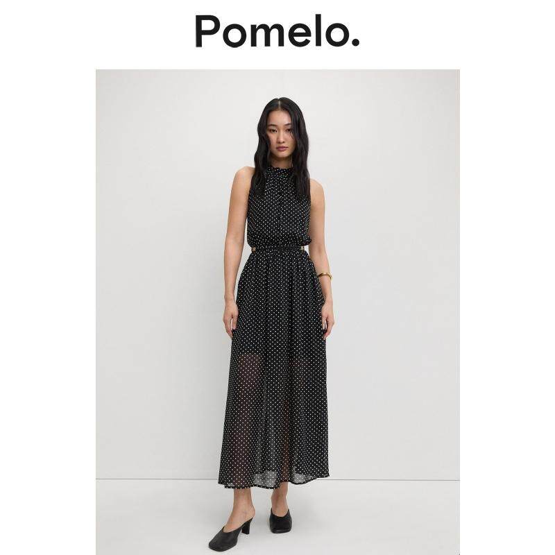 Pomelo 挂脖波点无袖长裙，松紧腰、透明薄纱外层裙摆 - 黑色