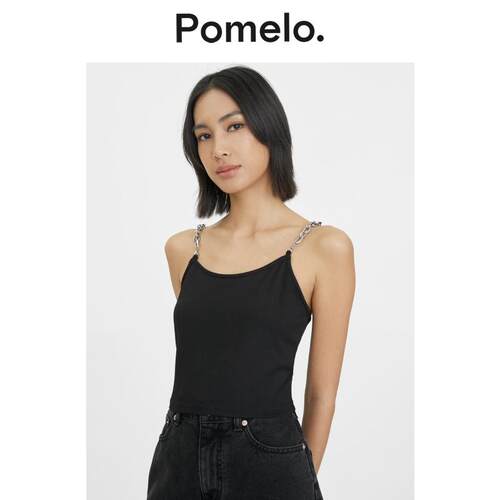 Pomelo 修身易搭黑色链条性感吊带背心上衣女