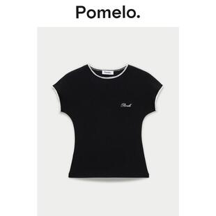 女 显瘦辣妹风正肩短袖 Pomelo 设计感蕾丝拼接T恤黑色坑条修身