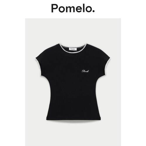 Pomelo 设计感蕾丝拼接T恤黑色坑条修身显瘦辣妹风正肩短袖女