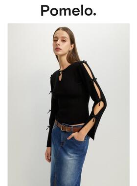 Pomelo 蝴蝶结镂空露肩系带设计感长袖毛针织衫