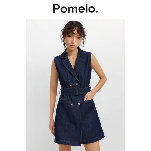Pomelo 气质款蓝色腰带双排扣设计感牛仔连衣裙女