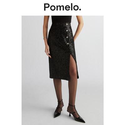 Pomelo 黑色亮片交叠排扣中长半身裙