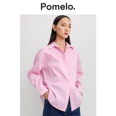 Pomelo 通勤风粉白条纹衬衣宽松显瘦慵懒风通勤长袖衬衫女