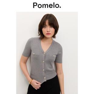 Pomelo 通勤随性浅灰色V领针织开衫上衣女