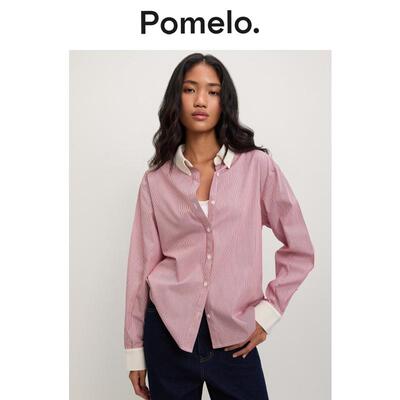 Pomelo 潮流气质粉白条纹衬衫新款撞色领宽松慵懒风易搭长袖衬衣