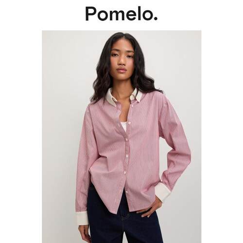 Pomelo 潮流气质粉白条纹衬衫新款撞色领宽松慵懒风易搭长袖衬衣
