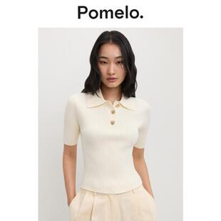 显瘦设计感小众短袖 女爱心纽扣修身 女 学院风Polo领针织衫 Pomelo