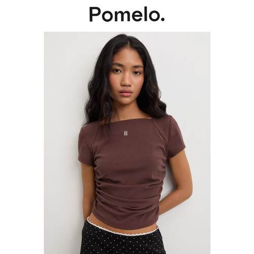 Pomelo 休闲复古修身短款褶皱设计感方领短袖T恤女