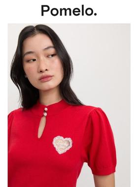 【新年系列】Pomelo 红色爱心镂空刺绣设计感泡泡袖短袖针织上衣