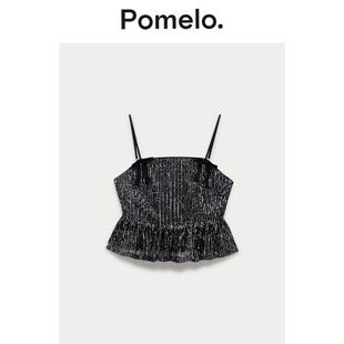 吊带衫 Pomelo 辣妹风黑银亮片吊带女荷叶边收腰显瘦短款