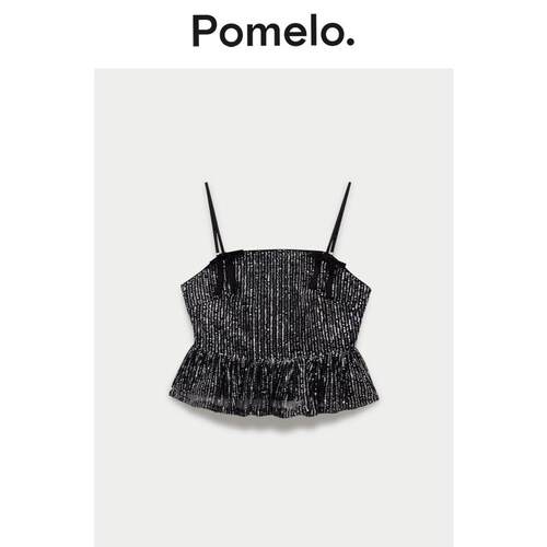 Pomelo 辣妹风黑银亮片吊带女荷叶边收腰显瘦短款吊带衫