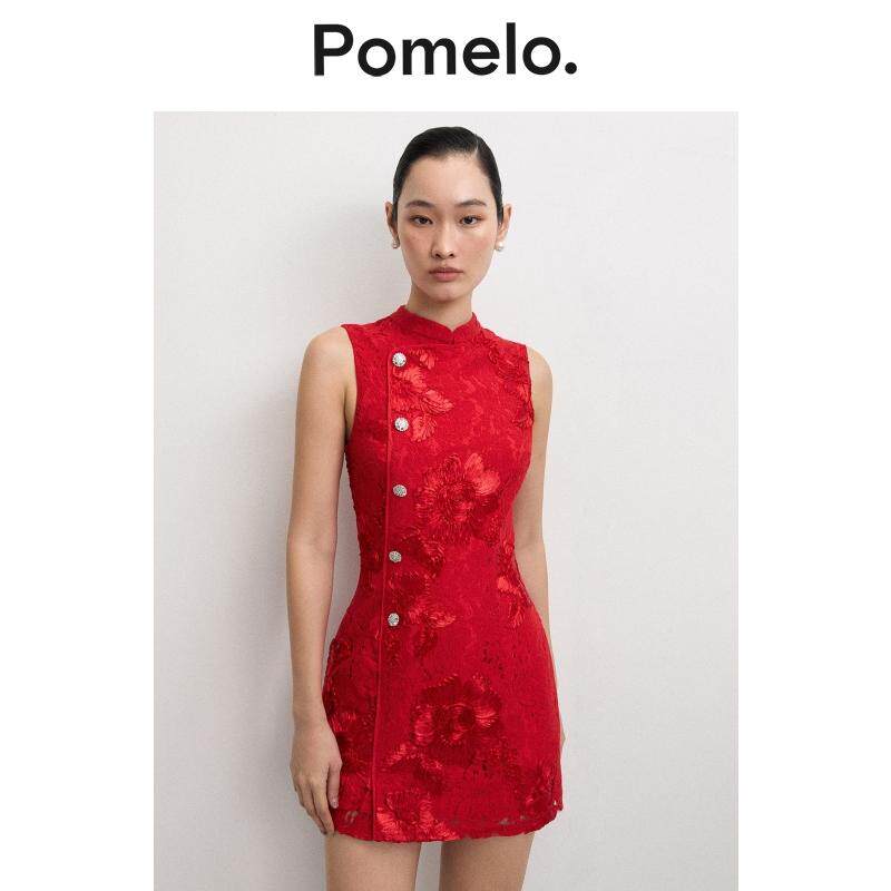 Pomelo 新年红色蕾丝旗袍风连衣裙女立领无袖小个子包臀短裙礼服