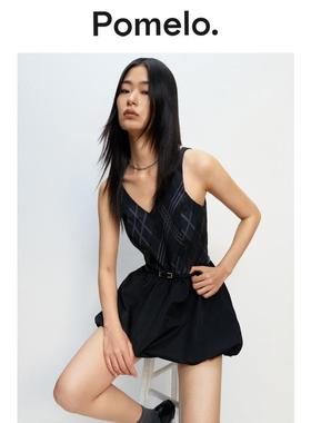 Pomelo 黑色混合格纹V领迷你连衣裙