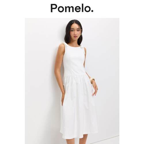 Pomelo 法式气质白色连衣裙蝴蝶结肩带宽松显瘦通勤中长款连衣裙