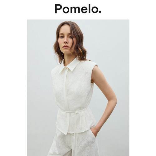 Pomelo 法式气质白色肌理感T恤女衬衫领收腰系带通勤易搭马甲上衣