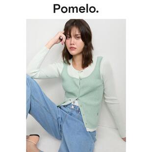 Pomelo 淑女风浅绿色撞色设计纽扣装饰层次设计针织衫上衣女秋冬