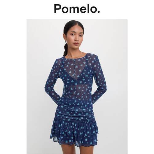 Pomelo 花卉透视网纱衬衫 - 藏蓝色