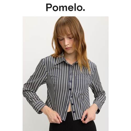 Pomelo 复古港风条纹衬衫女藏青短款设计感小个子显瘦长袖衬衣女