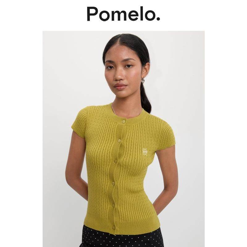 Pomelo 简约气质麻花纹修身显瘦钮扣针织短袖上衣女