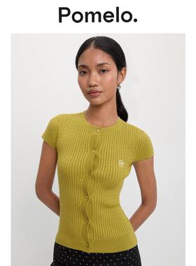 Pomelo 简约气质橄榄色修身显瘦钮扣针织短袖上衣女