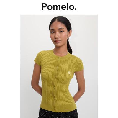 Pomelo 简约气质麻花纹修身显瘦钮扣针织短袖上衣女