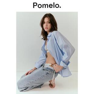 logo宽松显瘦男友风衬衫 刺绣 慵懒风浅蓝细条纹衬衫 Pomelo