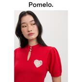 新年系列 Pomelo 红色爱心镂空刺绣设计感泡泡袖 短袖 针织上衣