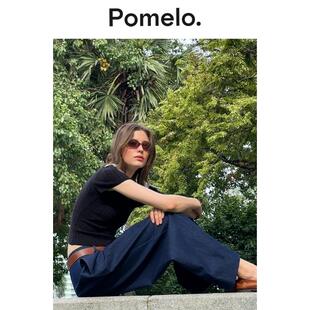 显瘦短袖 撞色边坑条修身 T恤女 甜辣风黑色斜肩针织衫 Pomelo