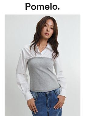 Pomelo 2026新品女士灰白色叠层翻领长袖衬衫