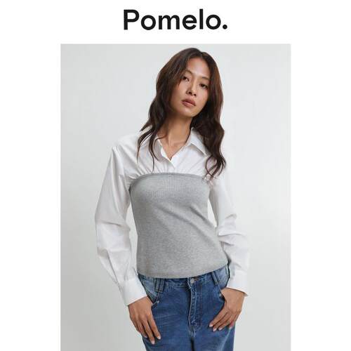 Pomelo 2026新品女士灰白色叠层翻领长袖衬衫