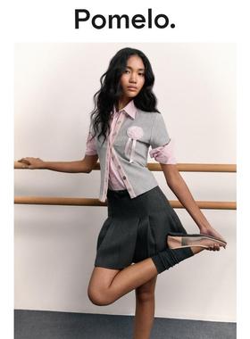 Pomelo 玫瑰花结撞色饰边上衣 - 浅灰色