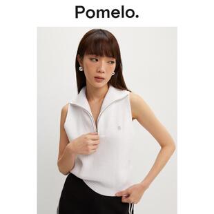 Pomelo 拉链POLO领针织背心上衣女 白色无袖