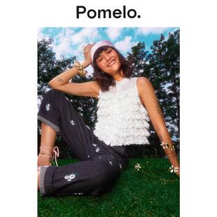减龄显瘦通勤T恤上衣 无袖 Pomelo 小众设计感白色荷叶边背心短款